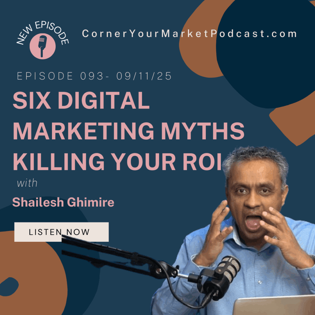A picture of a person speaking into a microphone about digital marketing myths.